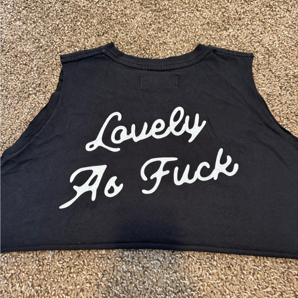 Black Sleeveless Crop Muscle Tee with White Script